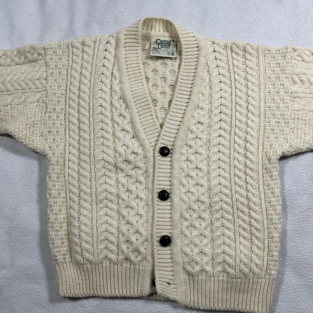 Vtg Carraig Donn Aran Cardigan Women S Cream Wool Cable Knit Irish Sweater